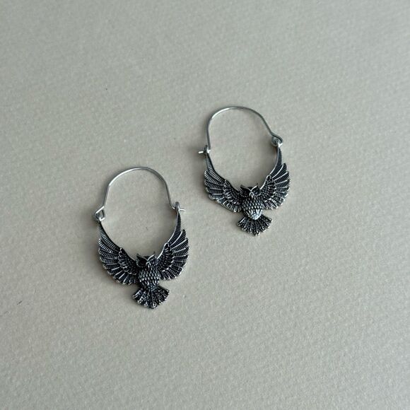 Silver Owl Hoop Earrings S1286 - Picture 3 of 4